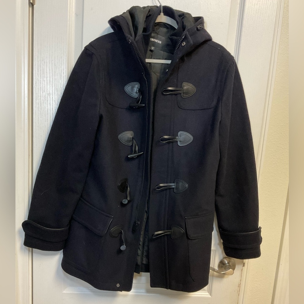 Express Men’s Black Wool Blend Toggle Hooded Coat Size S - Picture 6 of 11